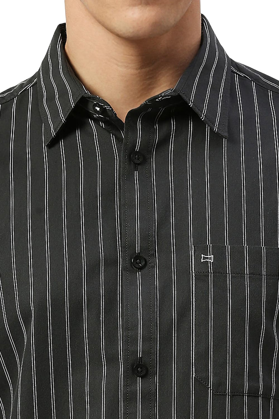 BASICS SLIM FIT ANTHRACITE GREY COTTON TWILL STRIPE HALFSLEEVES SHIRT