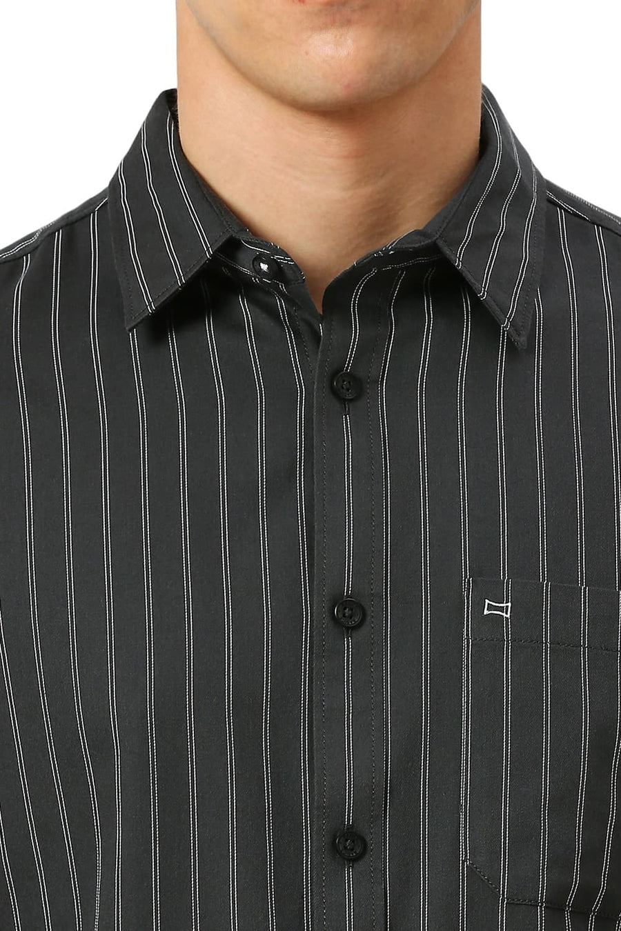 BASICS SLIM FIT ANTHRACITE GREY COTTON TWILL STRIPE SHIRT