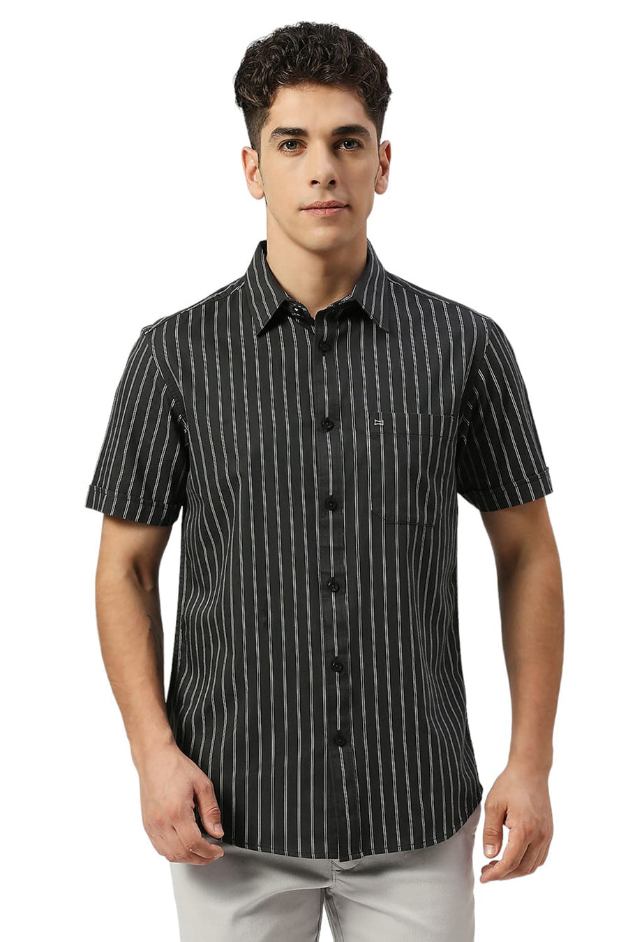 BASICS SLIM FIT ANTHRACITE GREY COTTON TWILL STRIPE HALFSLEEVES SHIRT