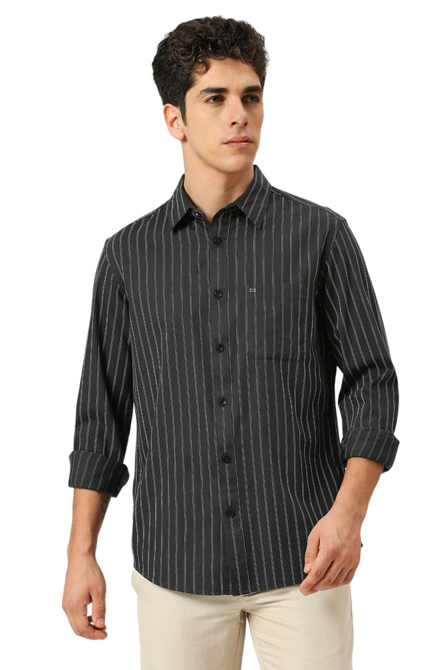 BASICS SLIM FIT ANTHRACITE GREY COTTON TWILL STRIPE SHIRT