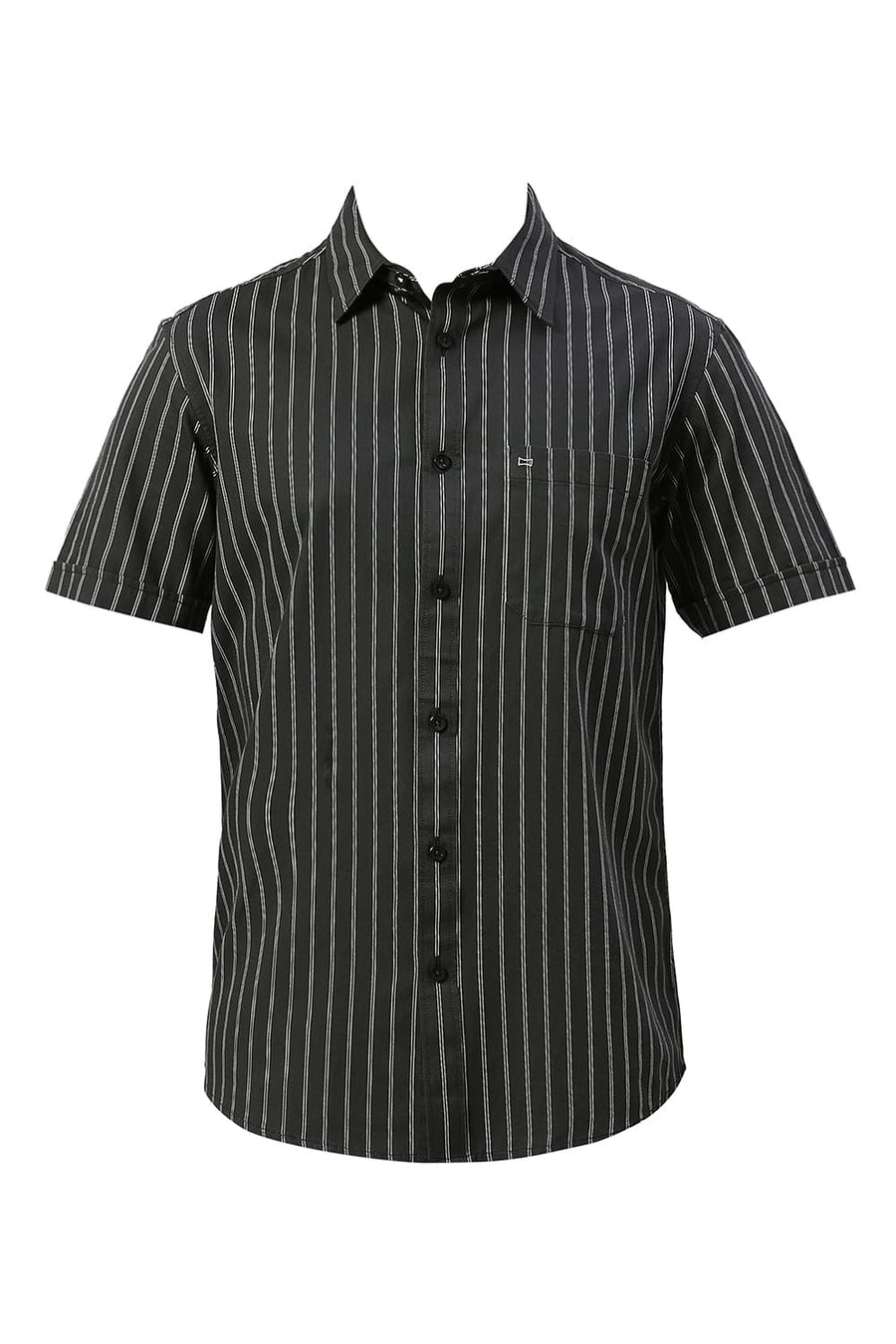 BASICS SLIM FIT ANTHRACITE GREY COTTON TWILL STRIPE HALFSLEEVES SHIRT