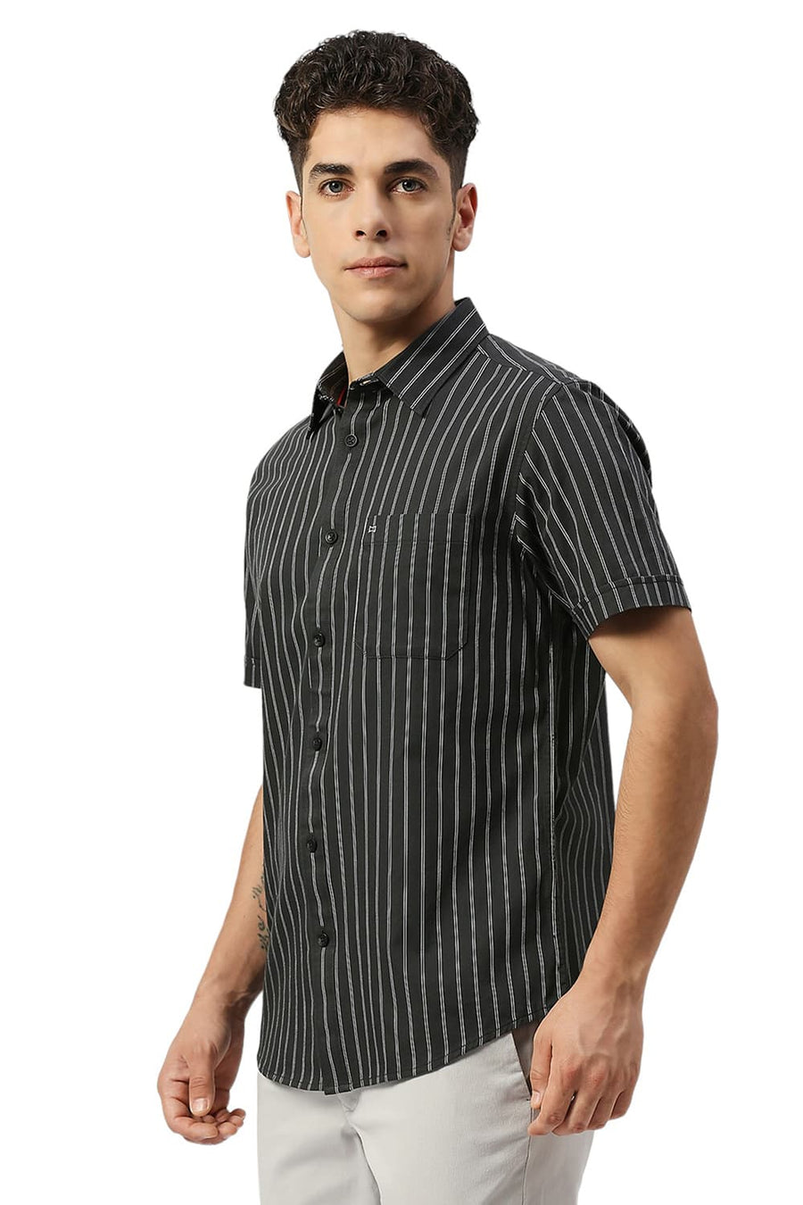 BASICS SLIM FIT ANTHRACITE GREY COTTON TWILL STRIPE HALFSLEEVES SHIRT
