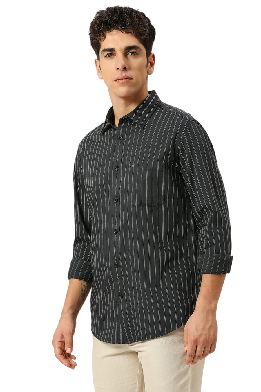 BASICS SLIM FIT ANTHRACITE GREY COTTON TWILL STRIPE SHIRT