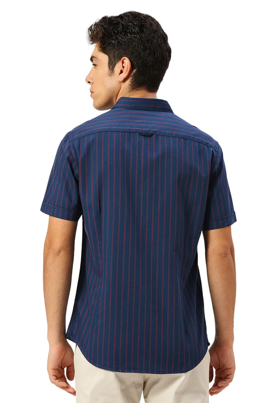 BASICS SLIM FIT MOONLIT NAVY COTTON TWILL STRIPE HALFSLEEVES SHIRT
