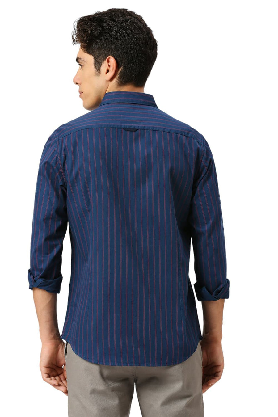BASICS SLIM FIT MOONLIT NAVY COTTON TWILL STRIPE SHIRT