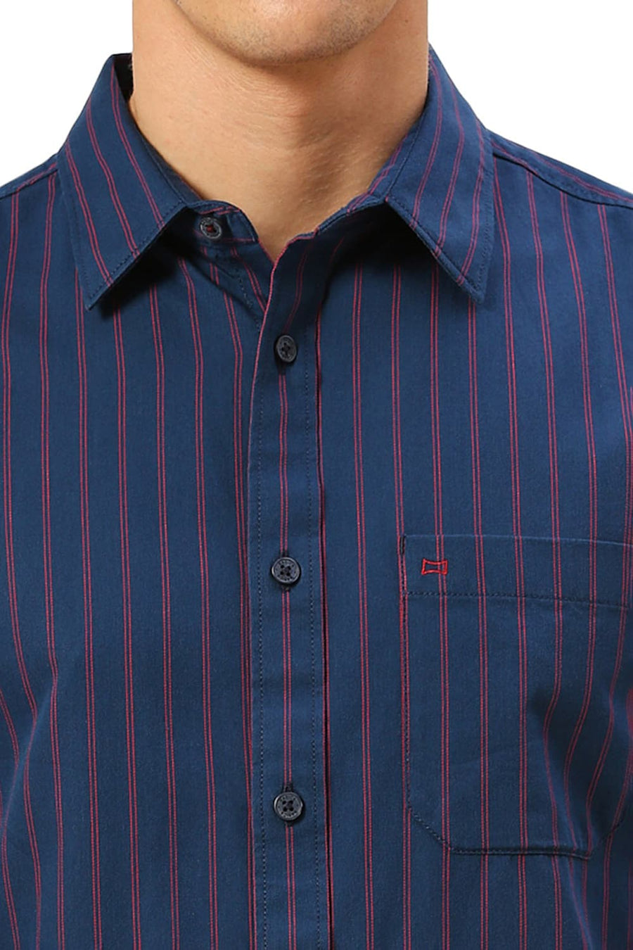 BASICS SLIM FIT MOONLIT NAVY COTTON TWILL STRIPE HALFSLEEVES SHIRT
