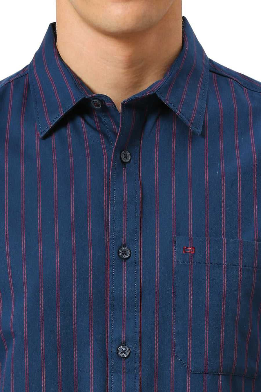 BASICS SLIM FIT MOONLIT NAVY COTTON TWILL STRIPE SHIRT