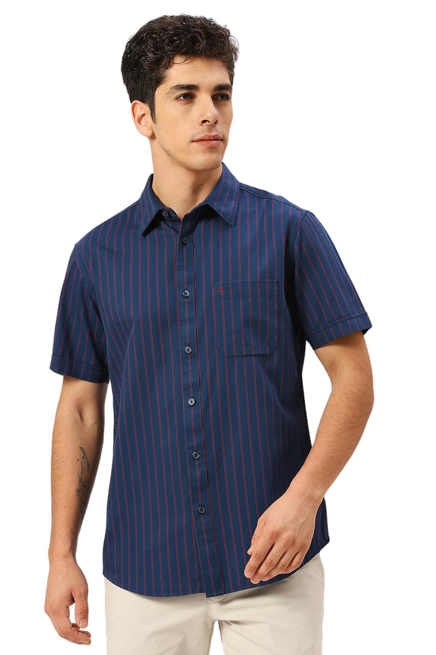 BASICS SLIM FIT MOONLIT NAVY COTTON TWILL STRIPE HALFSLEEVES SHIRT