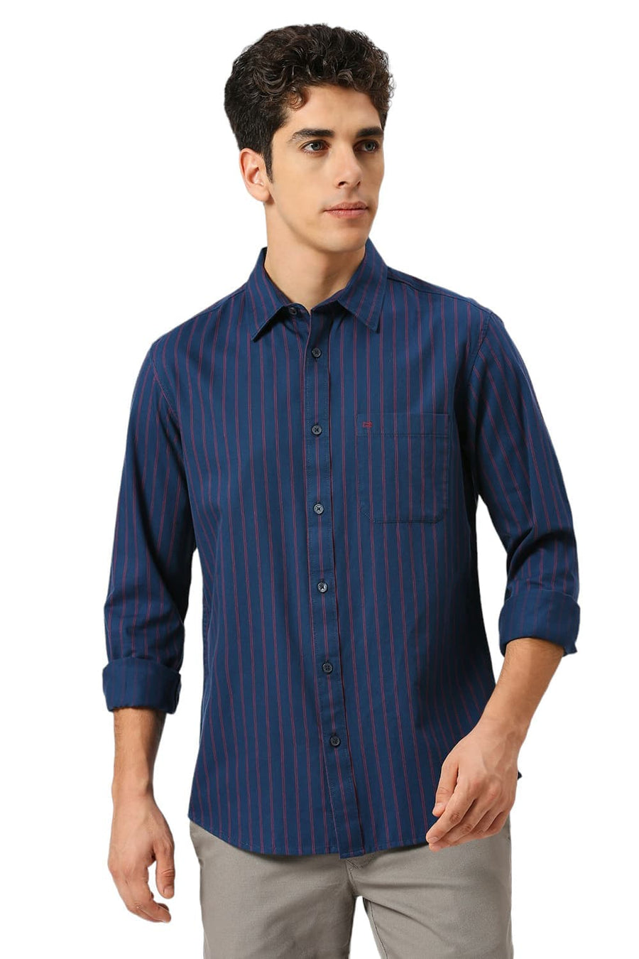 BASICS SLIM FIT MOONLIT NAVY COTTON TWILL STRIPE SHIRT