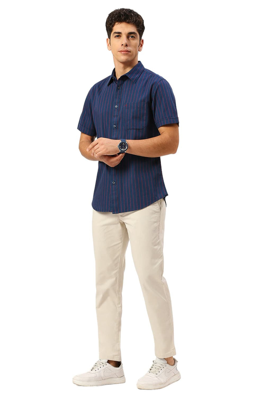 BASICS SLIM FIT MOONLIT NAVY COTTON TWILL STRIPE HALFSLEEVES SHIRT