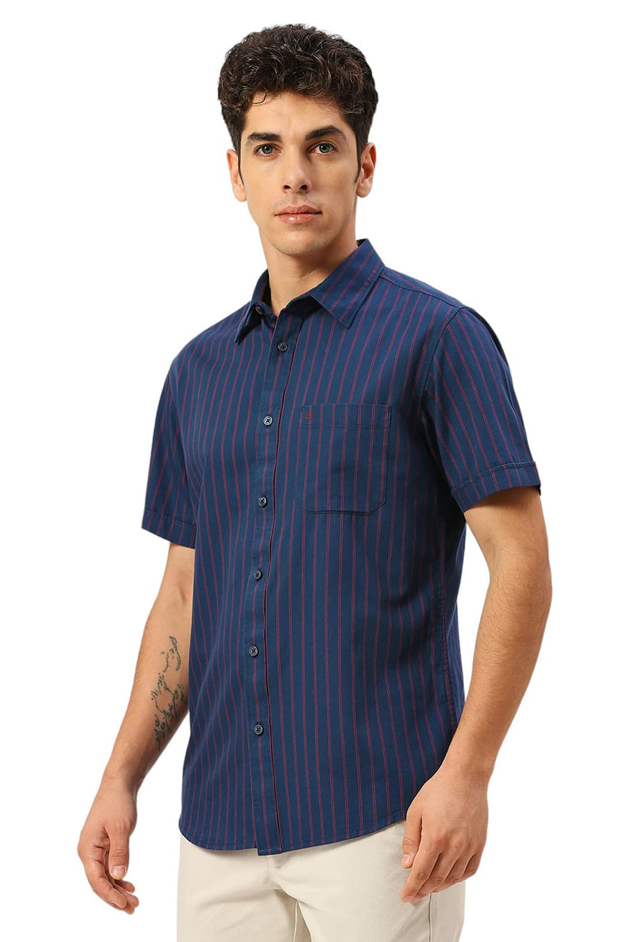 BASICS SLIM FIT MOONLIT NAVY COTTON TWILL STRIPE HALFSLEEVES SHIRT