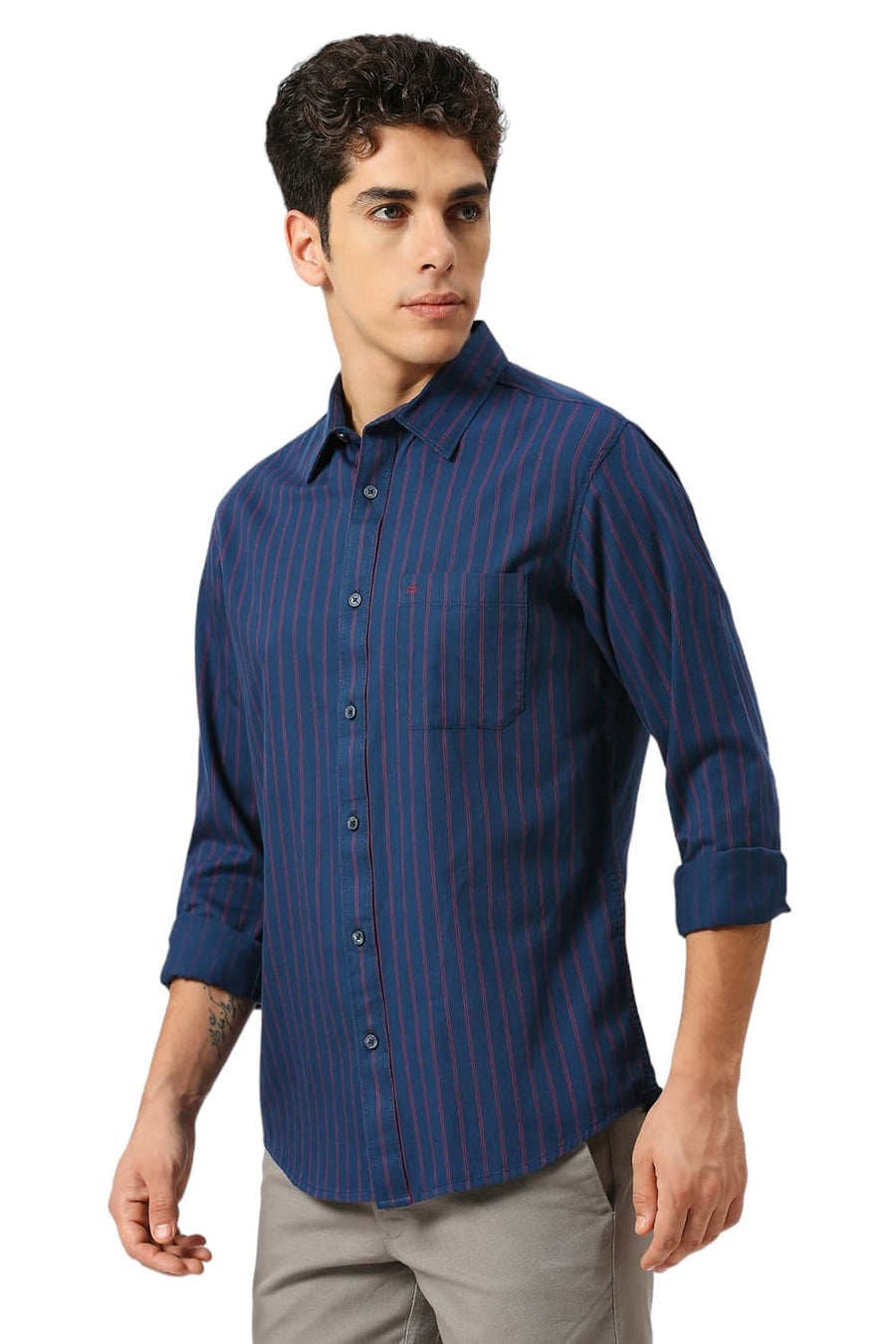 BASICS SLIM FIT MOONLIT NAVY COTTON TWILL STRIPE SHIRT