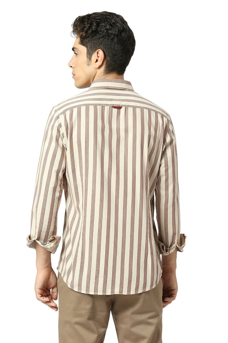 BASICS SLIM FIT EGGNOG BEIGE COTTON TWILL STRIPE SHIRT