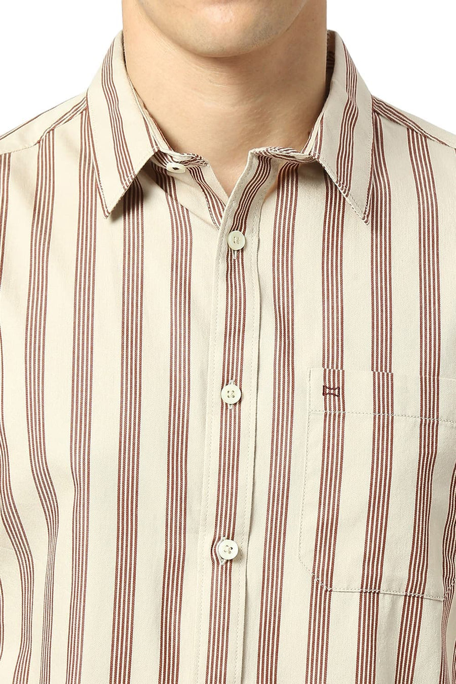 BASICS SLIM FIT EGGNOG BEIGE COTTON TWILL STRIPE SHIRT