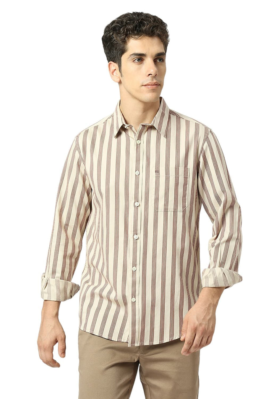 BASICS SLIM FIT EGGNOG BEIGE COTTON TWILL STRIPE SHIRT