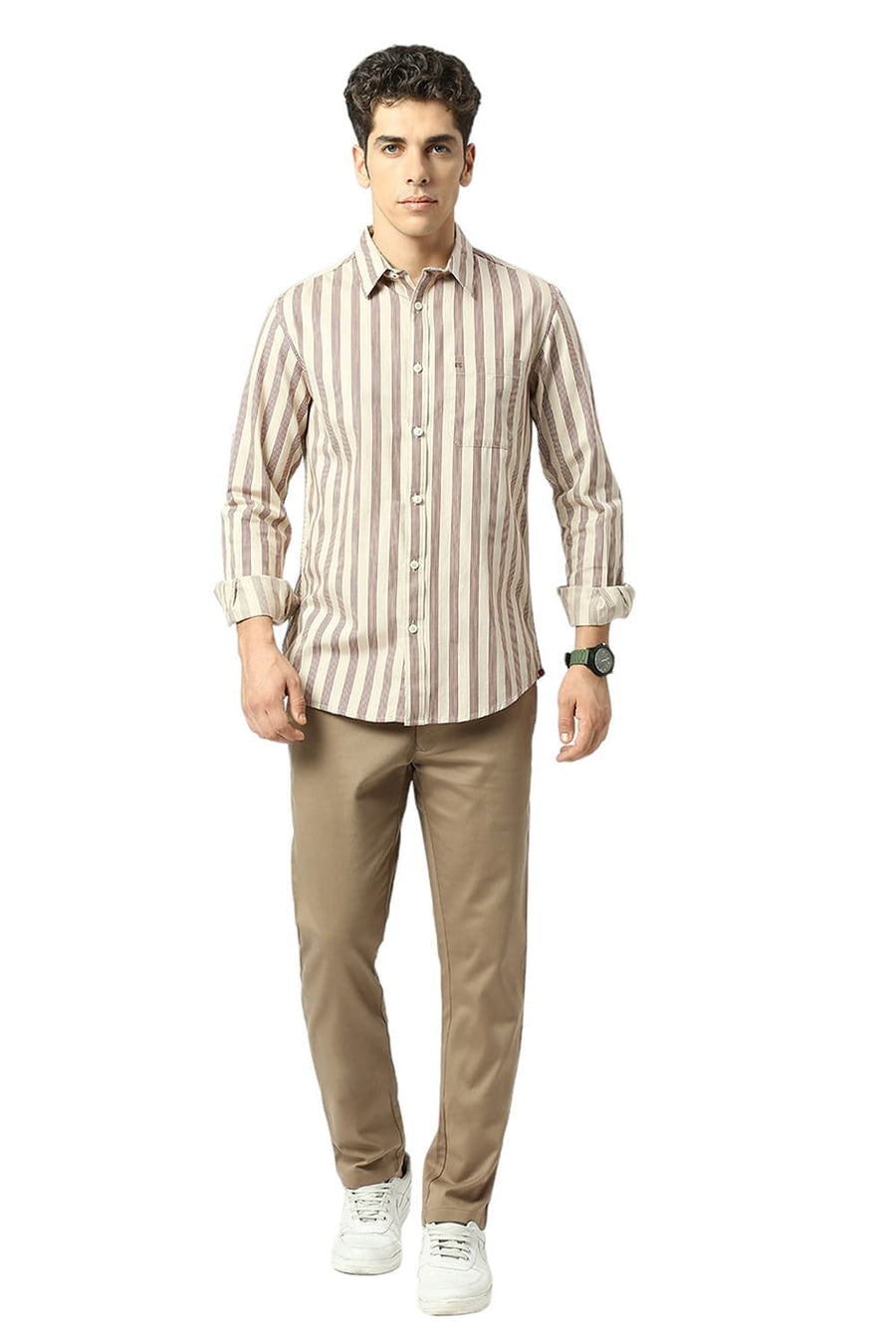 BASICS SLIM FIT EGGNOG BEIGE COTTON TWILL STRIPE SHIRT