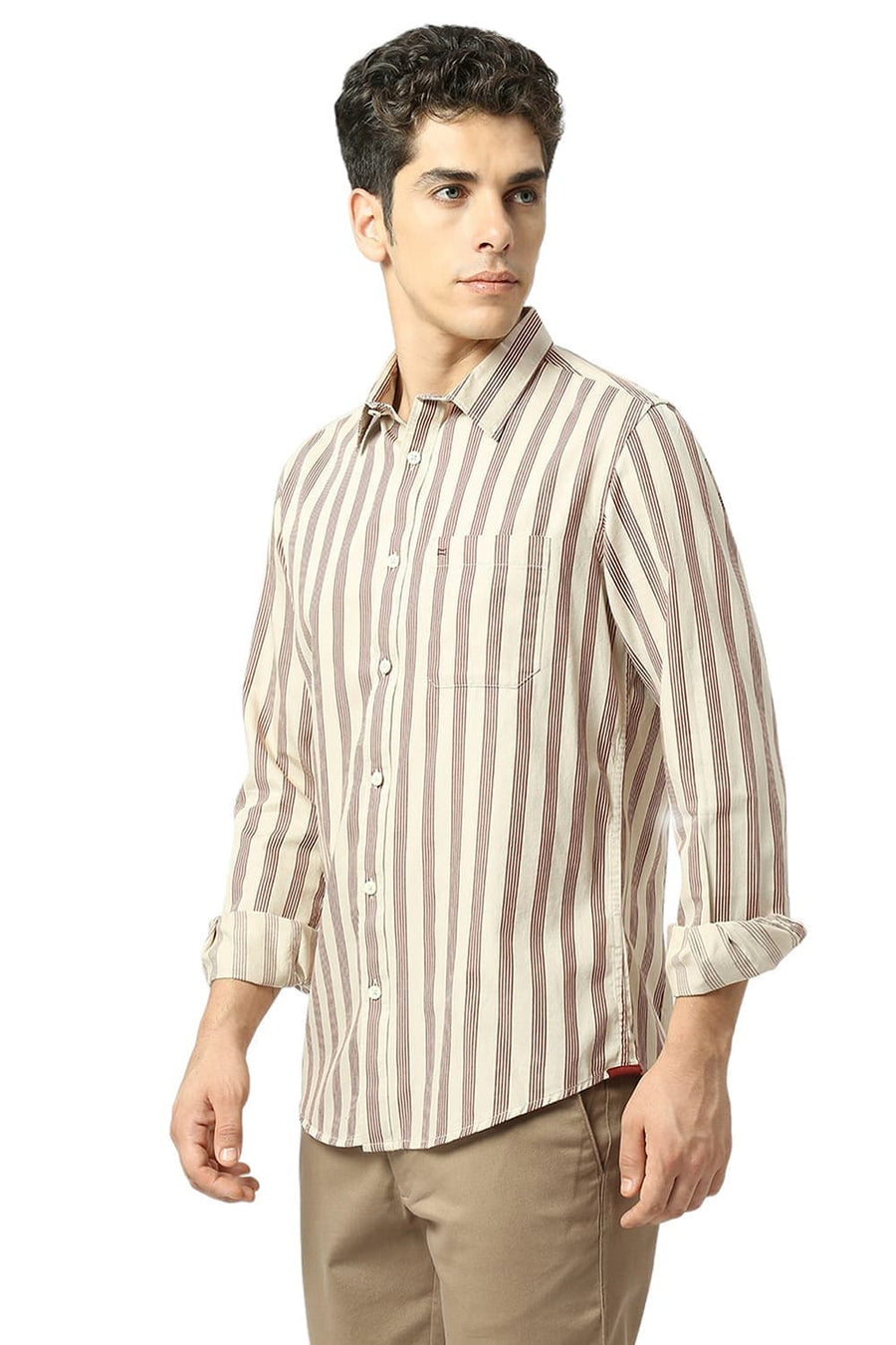 BASICS SLIM FIT EGGNOG BEIGE COTTON TWILL STRIPE SHIRT