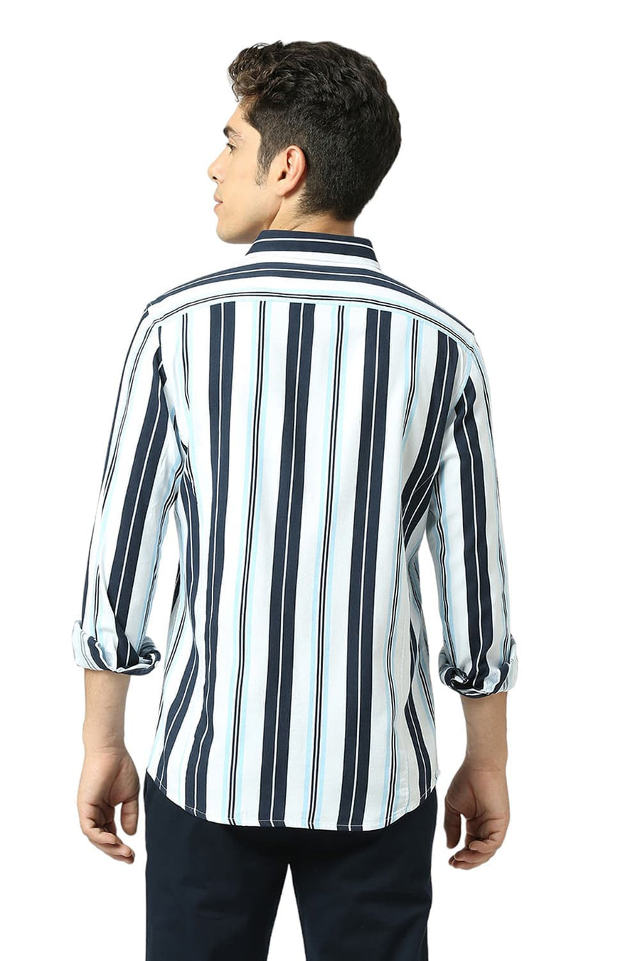 BASICS SLIM FIT INK NAVY COTTON VISCOSE TWILL STRIPE SHIRT