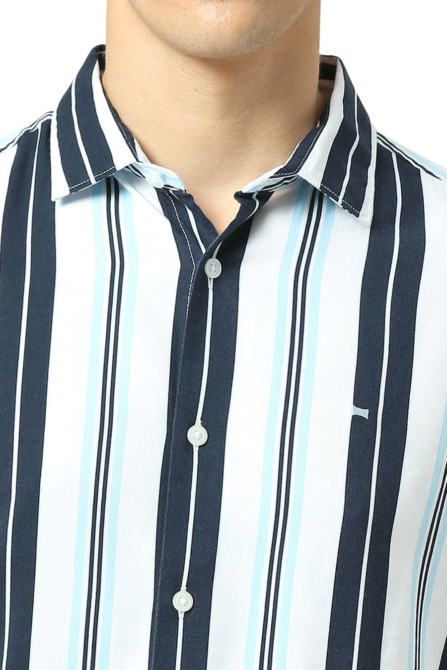 BASICS SLIM FIT INK NAVY COTTON VISCOSE TWILL STRIPE SHIRT