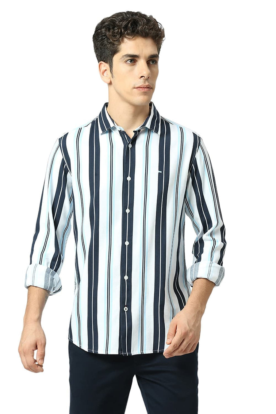 BASICS SLIM FIT INK NAVY COTTON VISCOSE TWILL STRIPE SHIRT