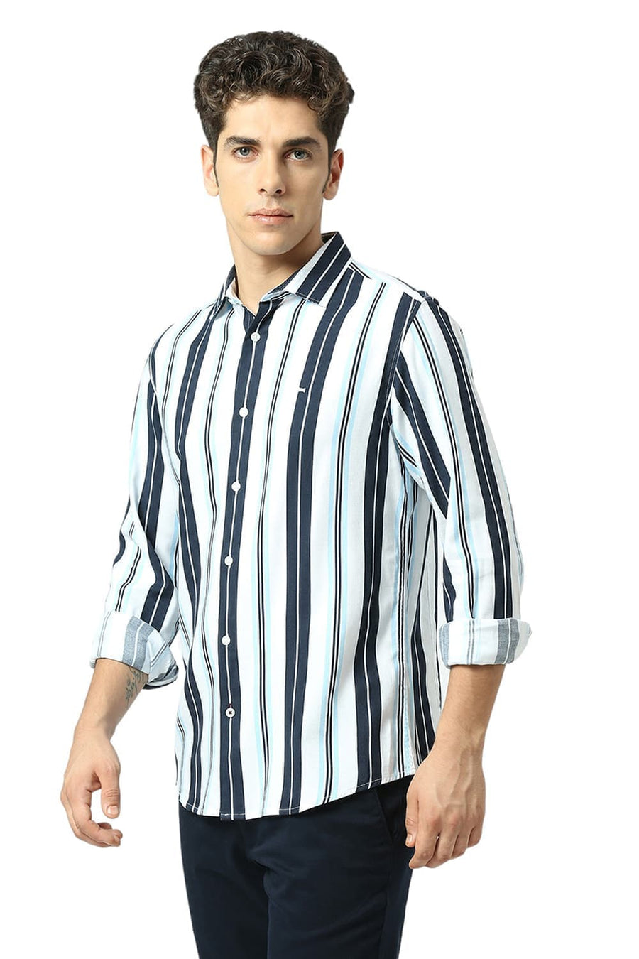 BASICS SLIM FIT INK NAVY COTTON VISCOSE TWILL STRIPE SHIRT