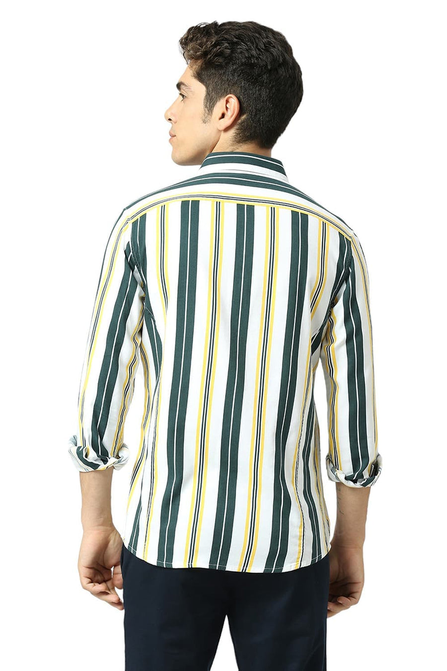 BASICS SLIM FIT SEA GREEN COTTON VISCOSE TWILL STRIPE SHIRT