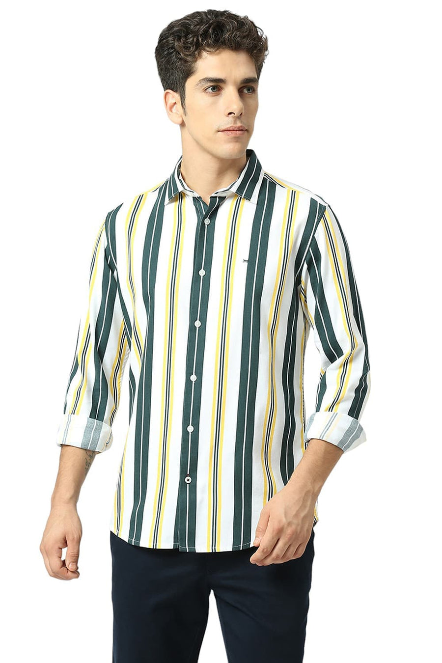 BASICS SLIM FIT SEA GREEN COTTON VISCOSE TWILL STRIPE SHIRT