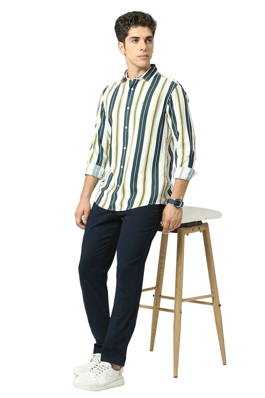 BASICS SLIM FIT SEA GREEN COTTON VISCOSE TWILL STRIPE SHIRT