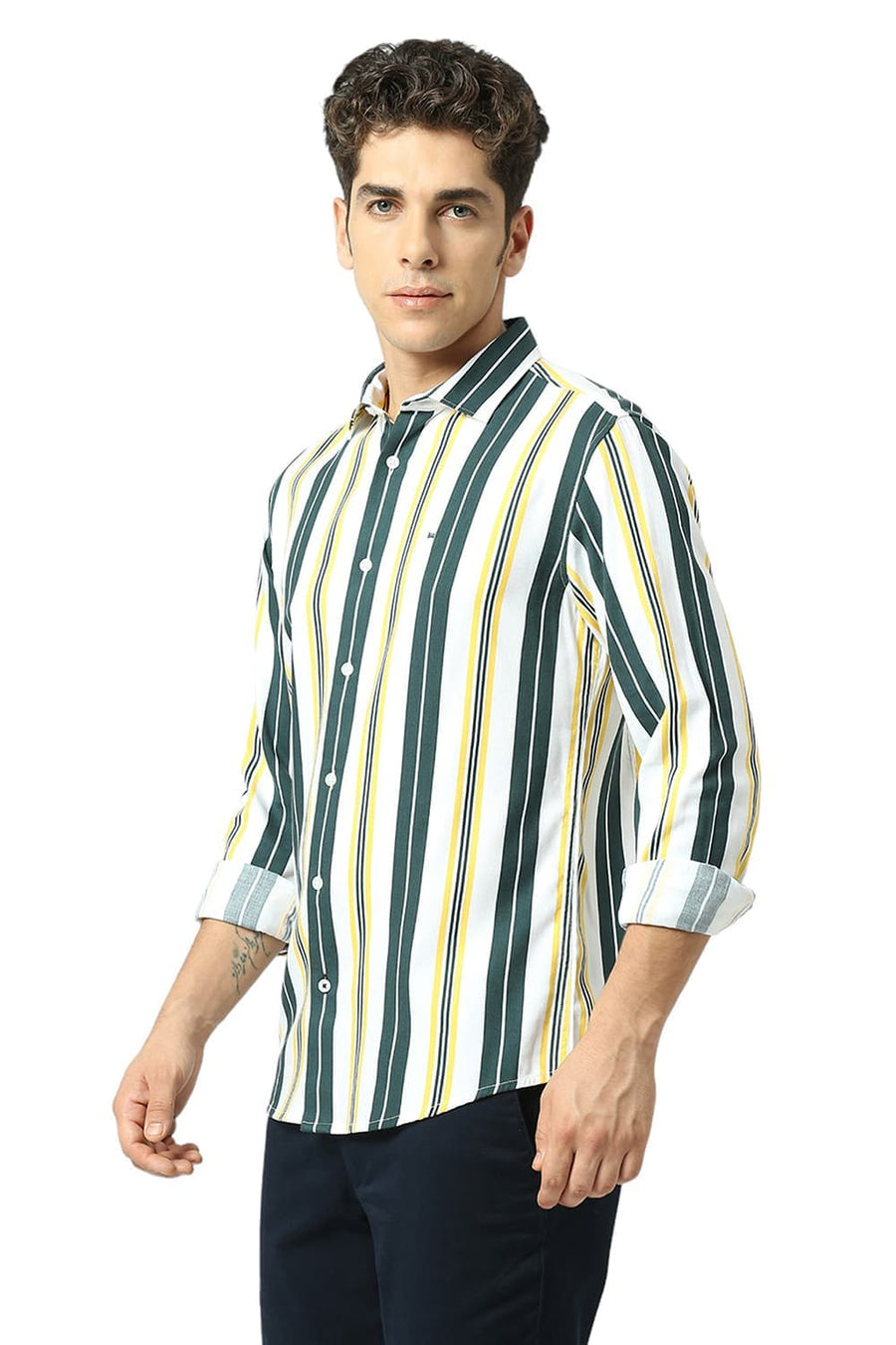 BASICS SLIM FIT SEA GREEN COTTON VISCOSE TWILL STRIPE SHIRT
