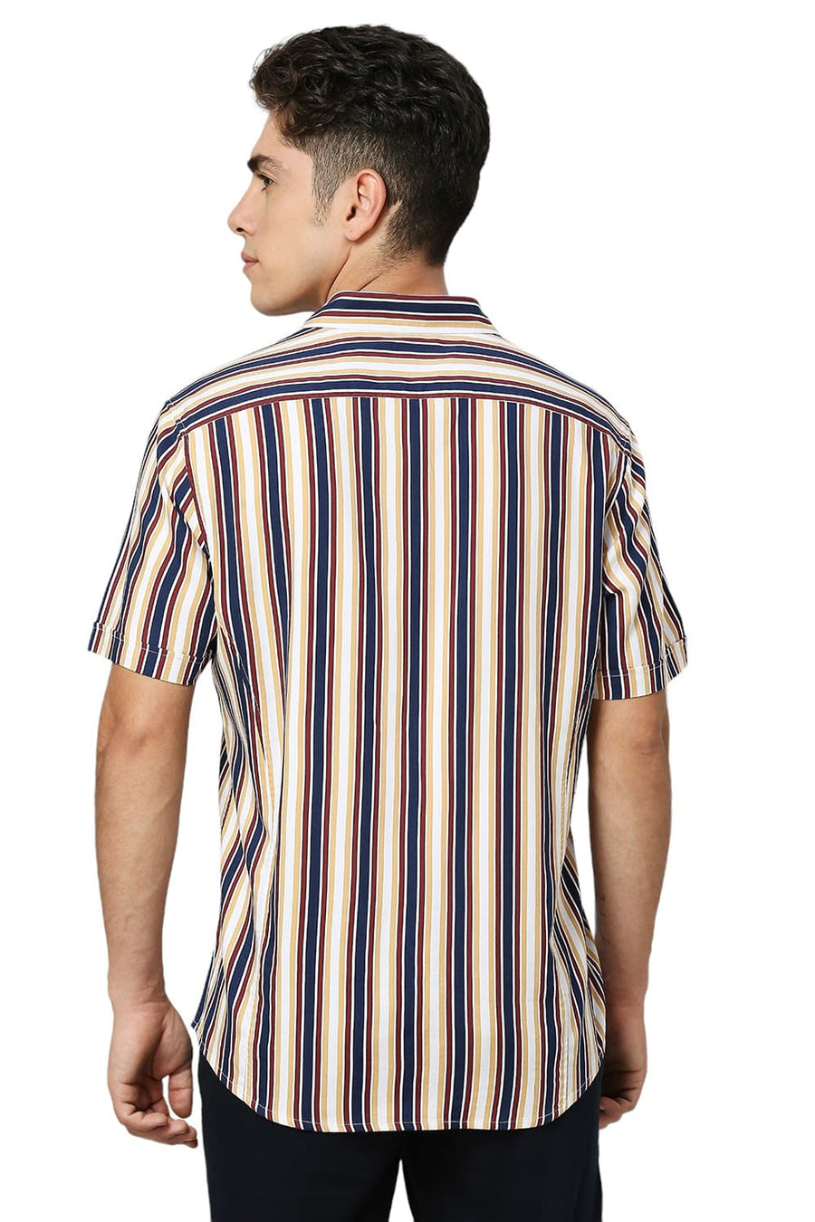 BASICS SLIM FIT OCEAN BLUE COTTON VISCOSE TWILL STRIPE HALFSLEEVES SHIRT