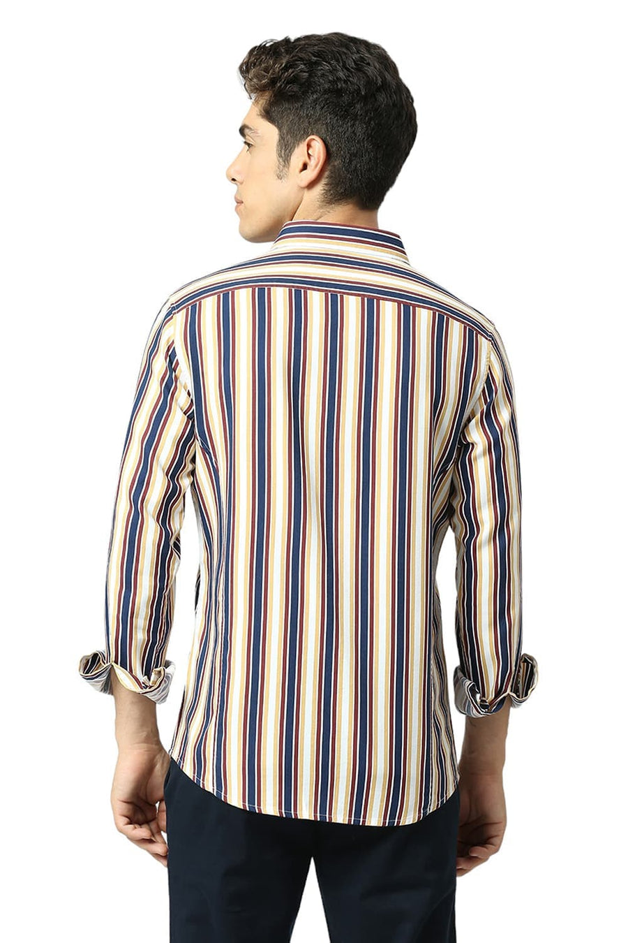 BASICS SLIM FIT OCEAN BLUE COTTON VISCOSE TWILL STRIPE SHIRT