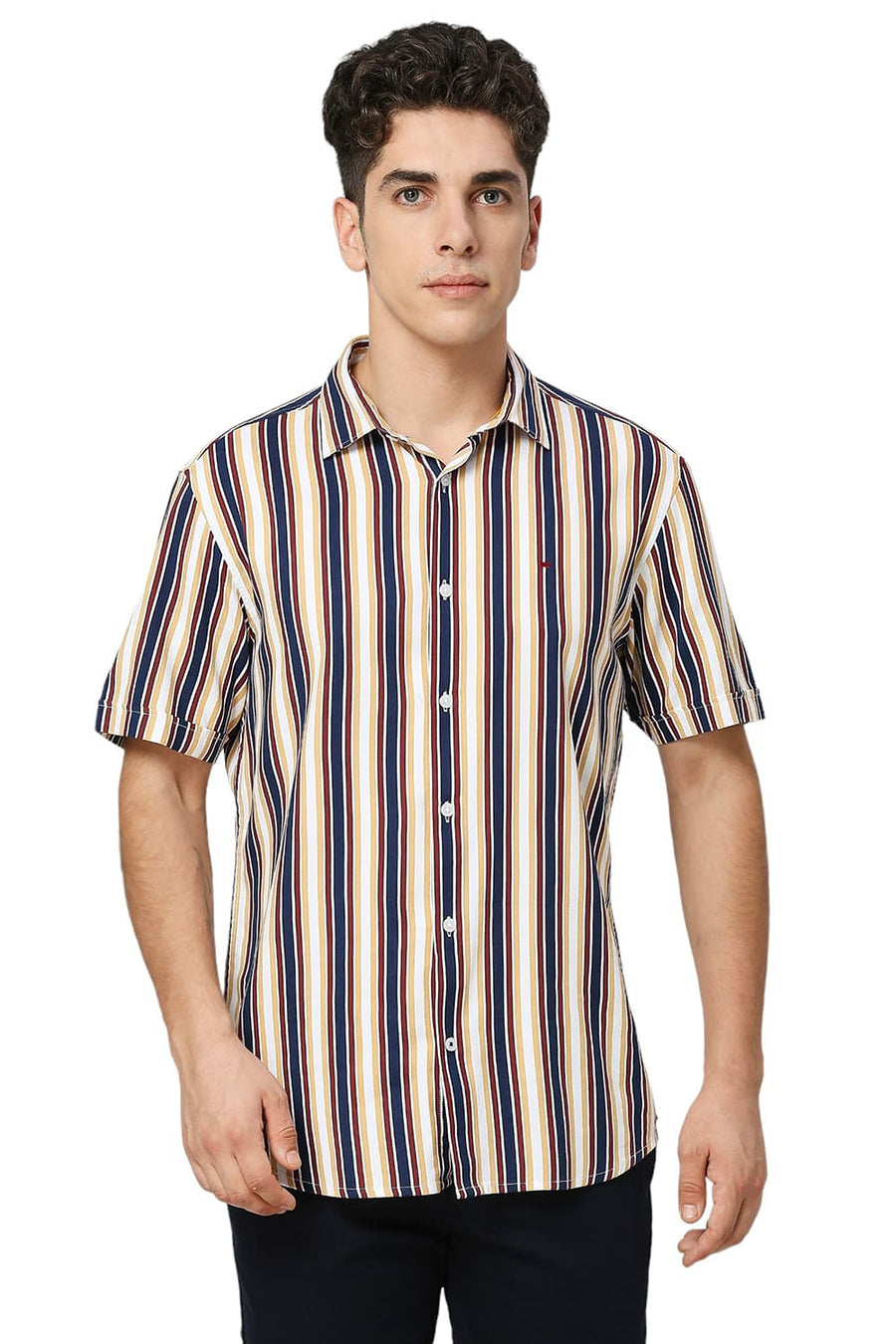 BASICS SLIM FIT OCEAN BLUE COTTON VISCOSE TWILL STRIPE HALFSLEEVES SHIRT