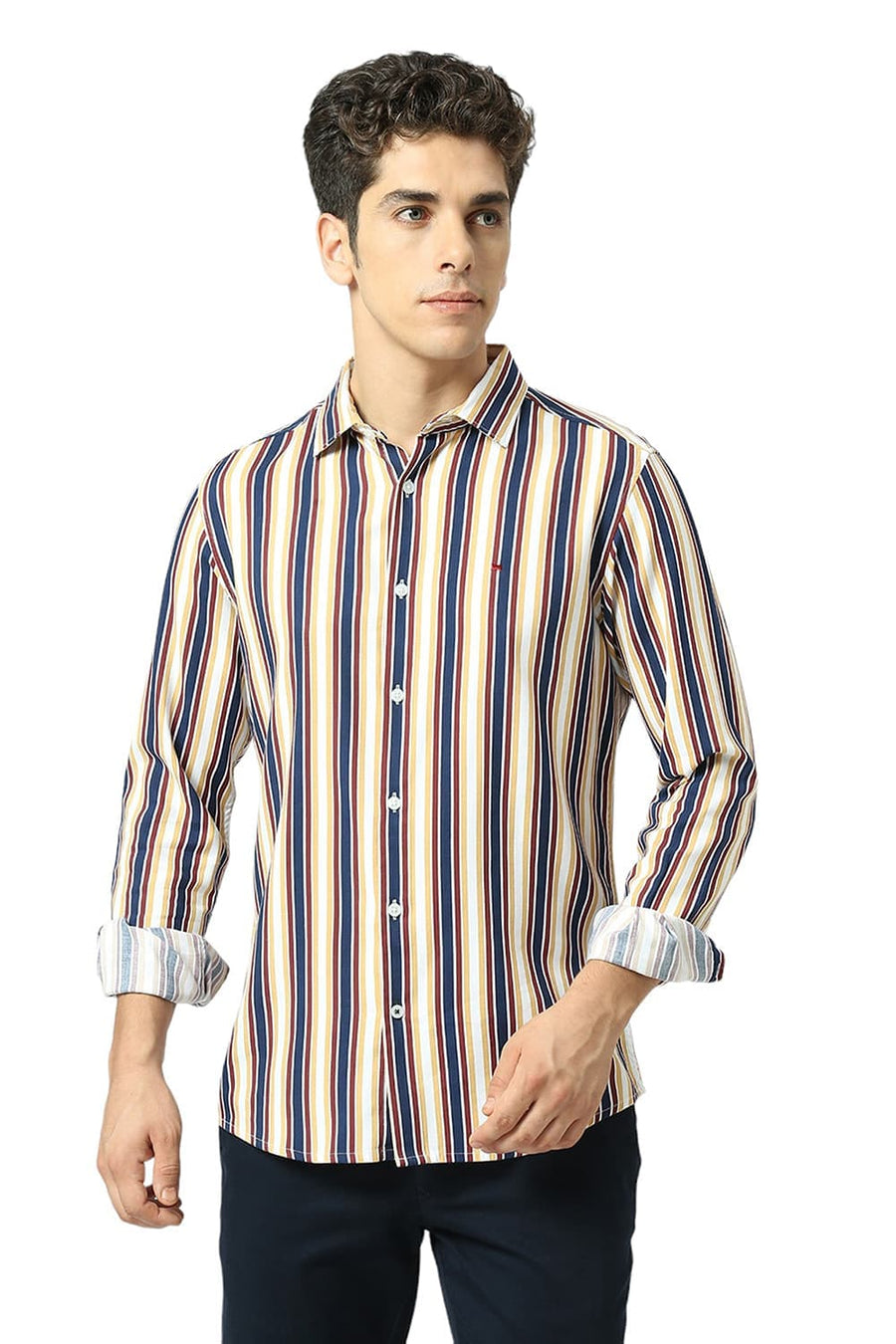 BASICS SLIM FIT OCEAN BLUE COTTON VISCOSE TWILL STRIPE SHIRT