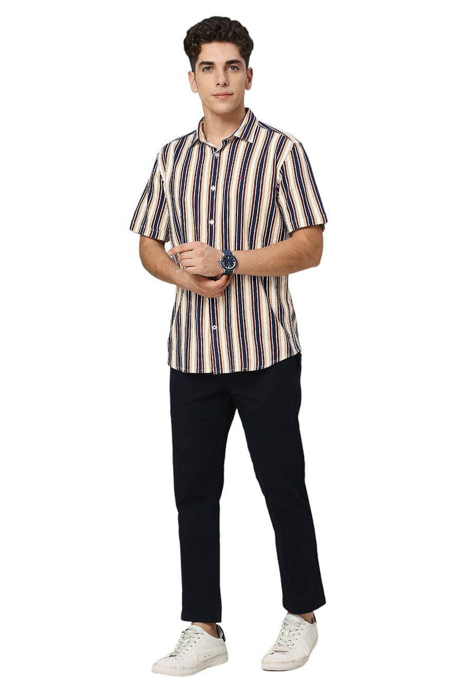 BASICS SLIM FIT OCEAN BLUE COTTON VISCOSE TWILL STRIPE HALFSLEEVES SHIRT
