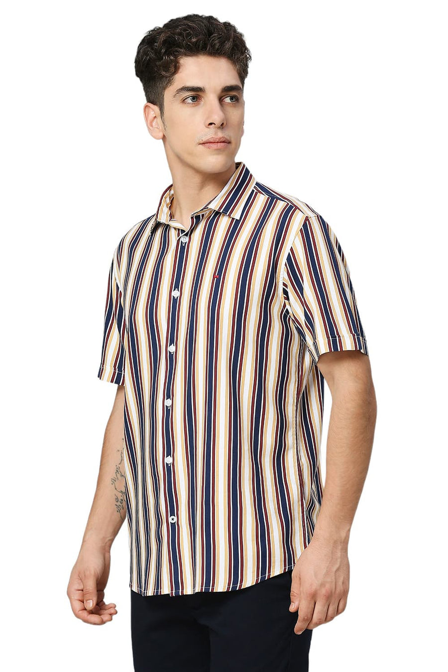 BASICS SLIM FIT OCEAN BLUE COTTON VISCOSE TWILL STRIPE HALFSLEEVES SHIRT