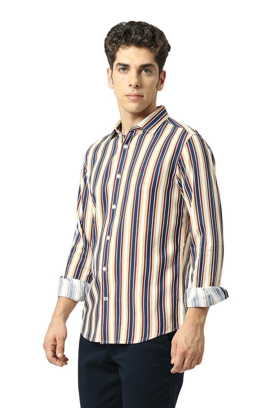 BASICS SLIM FIT OCEAN BLUE COTTON VISCOSE TWILL STRIPE SHIRT