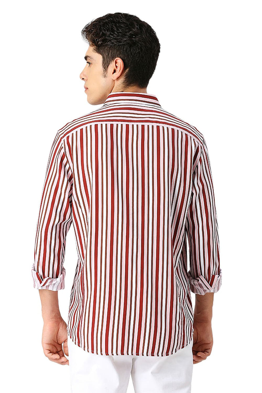 BASICS SLIM FIT MERLOT MAROON COTTON VISCOSE TWILL STRIPE SHIRT