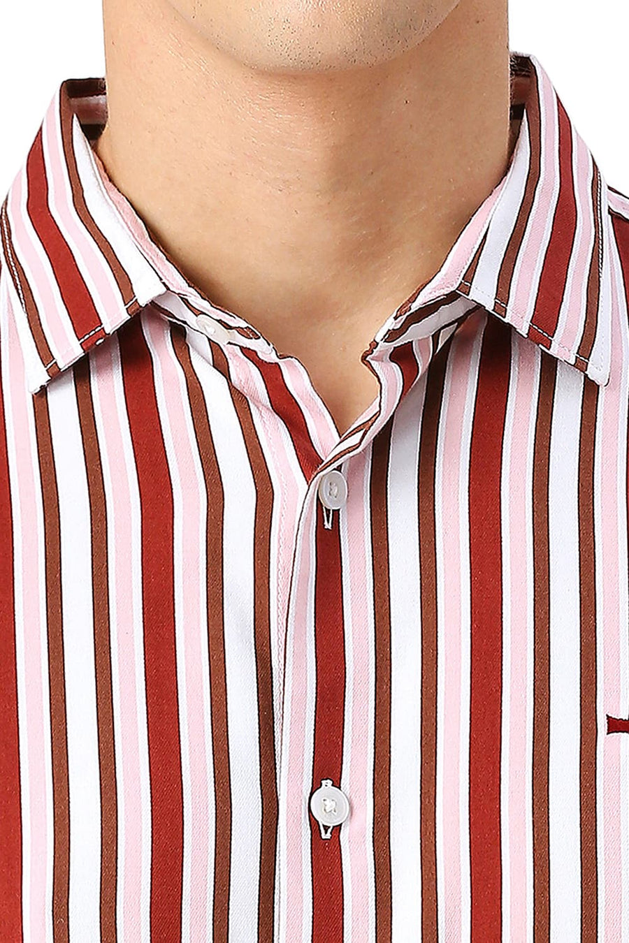 BASICS SLIM FIT MERLOT MAROON COTTON VISCOSE TWILL STRIPE SHIRT