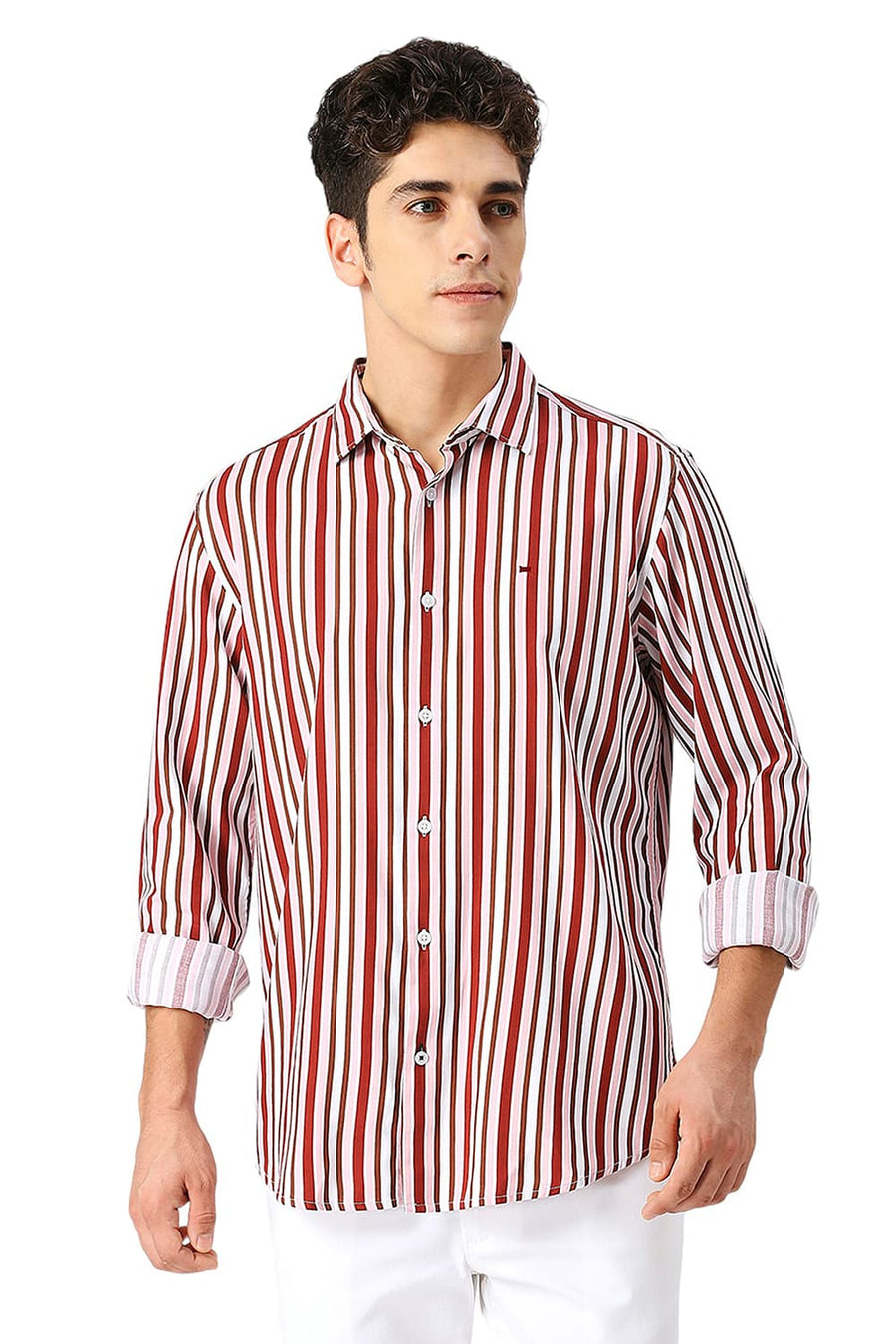 BASICS SLIM FIT MERLOT MAROON COTTON VISCOSE TWILL STRIPE SHIRT