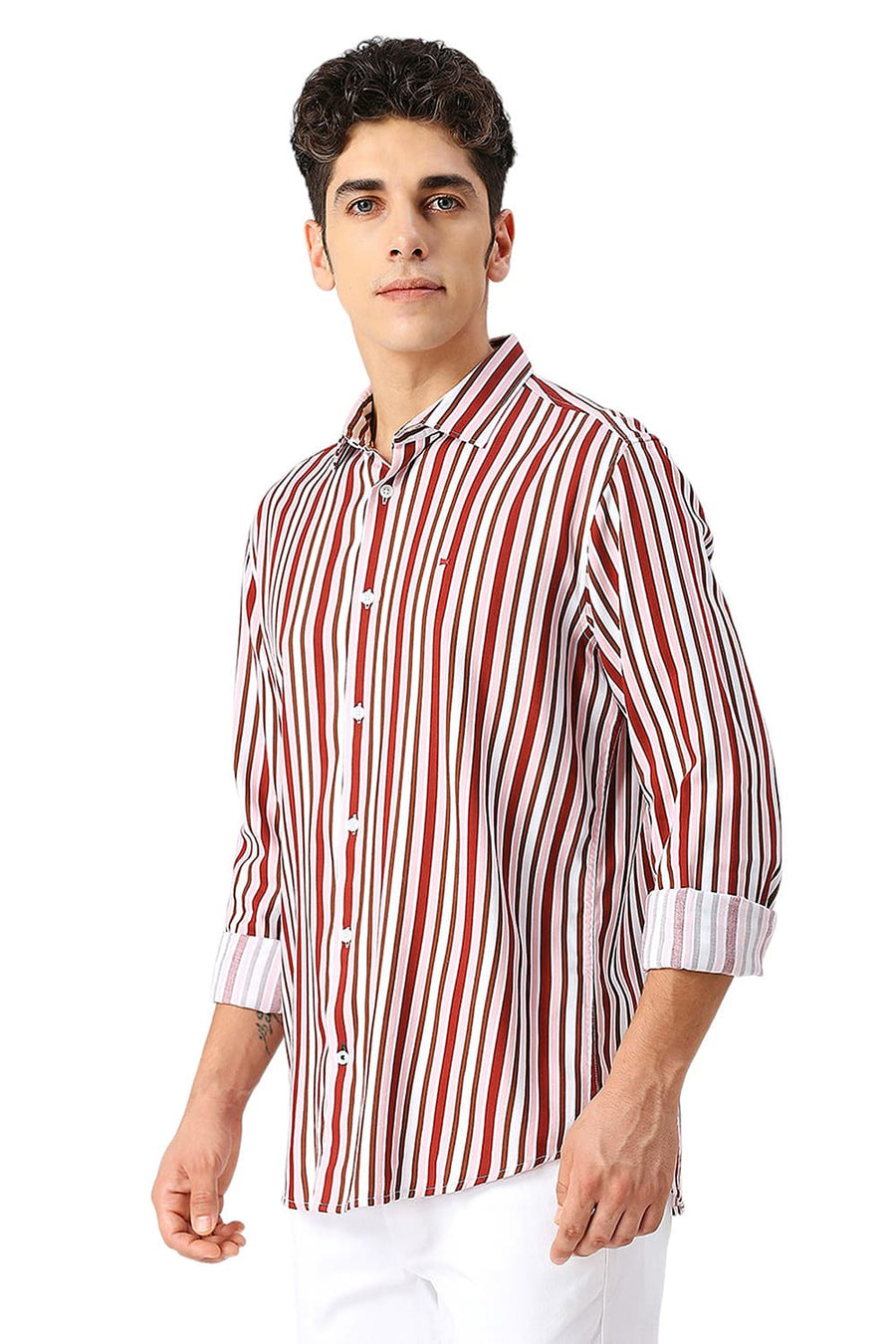 BASICS SLIM FIT MERLOT MAROON COTTON VISCOSE TWILL STRIPE SHIRT