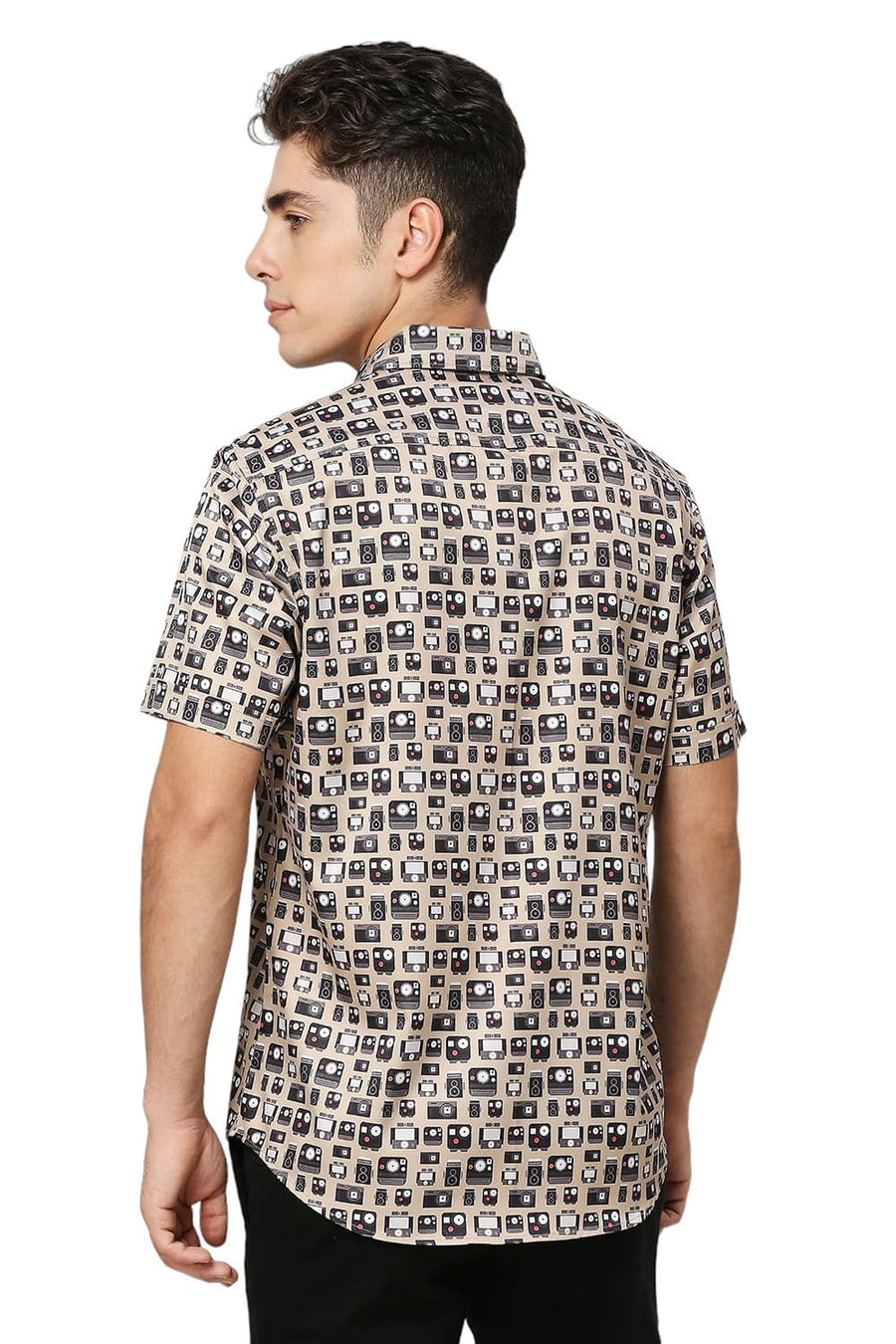 BASICS SLIM FIT MOONSTONE KHAKI POLYESTER STRETCH TWILL PRINTED HALFSLEEVES SHIRT