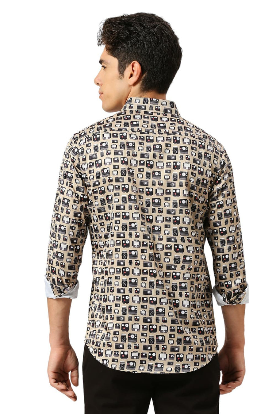 BASICS SLIM FIT MOONSTONE KHAKI POLYESTER STRETCH TWILL PRINTED SHIRT