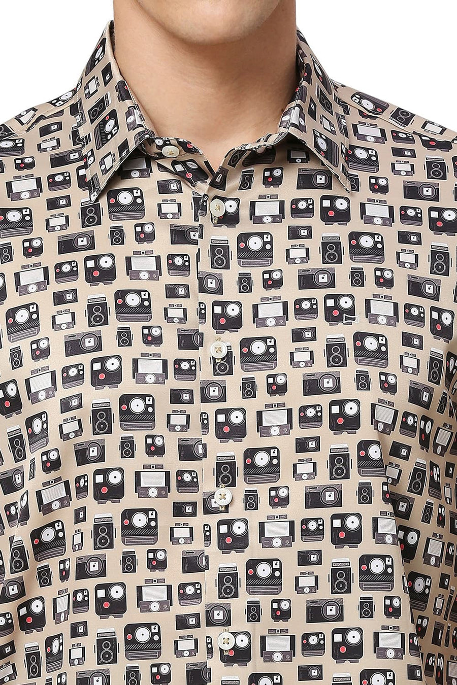BASICS SLIM FIT MOONSTONE KHAKI POLYESTER STRETCH TWILL PRINTED HALFSLEEVES SHIRT