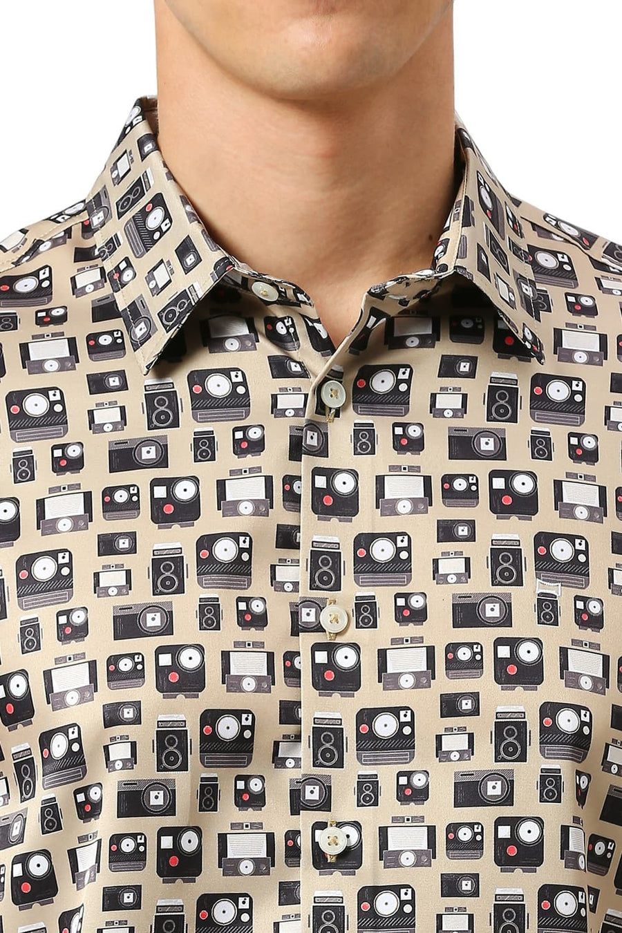 BASICS SLIM FIT MOONSTONE KHAKI POLYESTER STRETCH TWILL PRINTED SHIRT