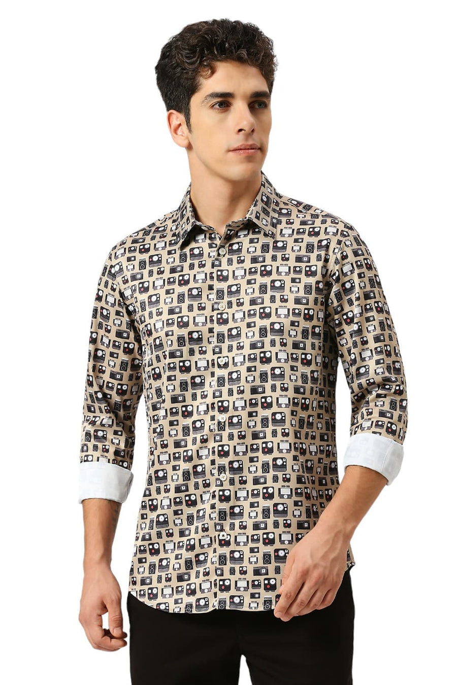 BASICS SLIM FIT MOONSTONE KHAKI POLYESTER STRETCH TWILL PRINTED SHIRT