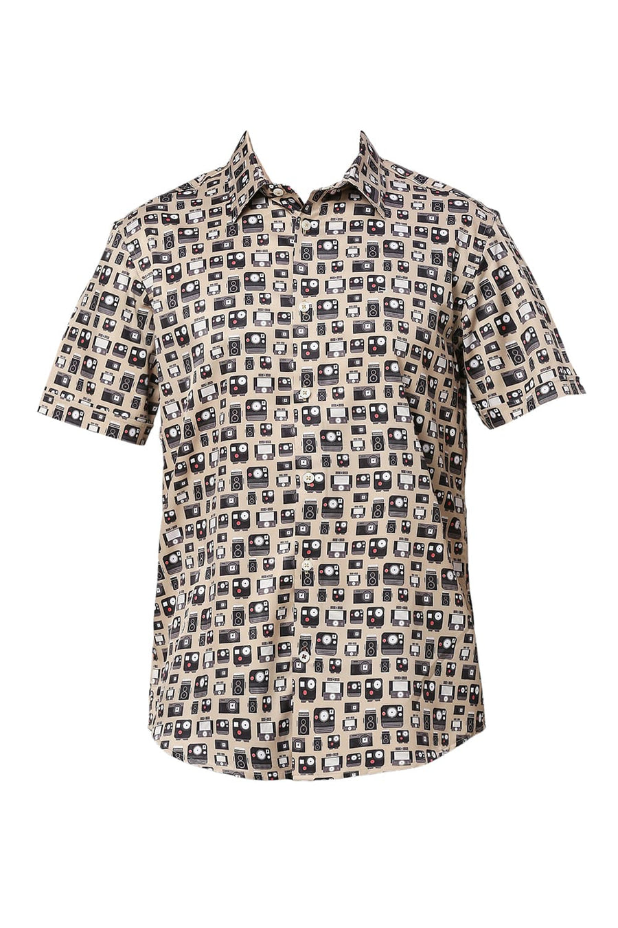 BASICS SLIM FIT MOONSTONE KHAKI POLYESTER STRETCH TWILL PRINTED HALFSLEEVES SHIRT