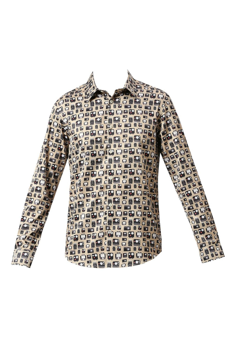 BASICS SLIM FIT MOONSTONE KHAKI POLYESTER STRETCH TWILL PRINTED SHIRT