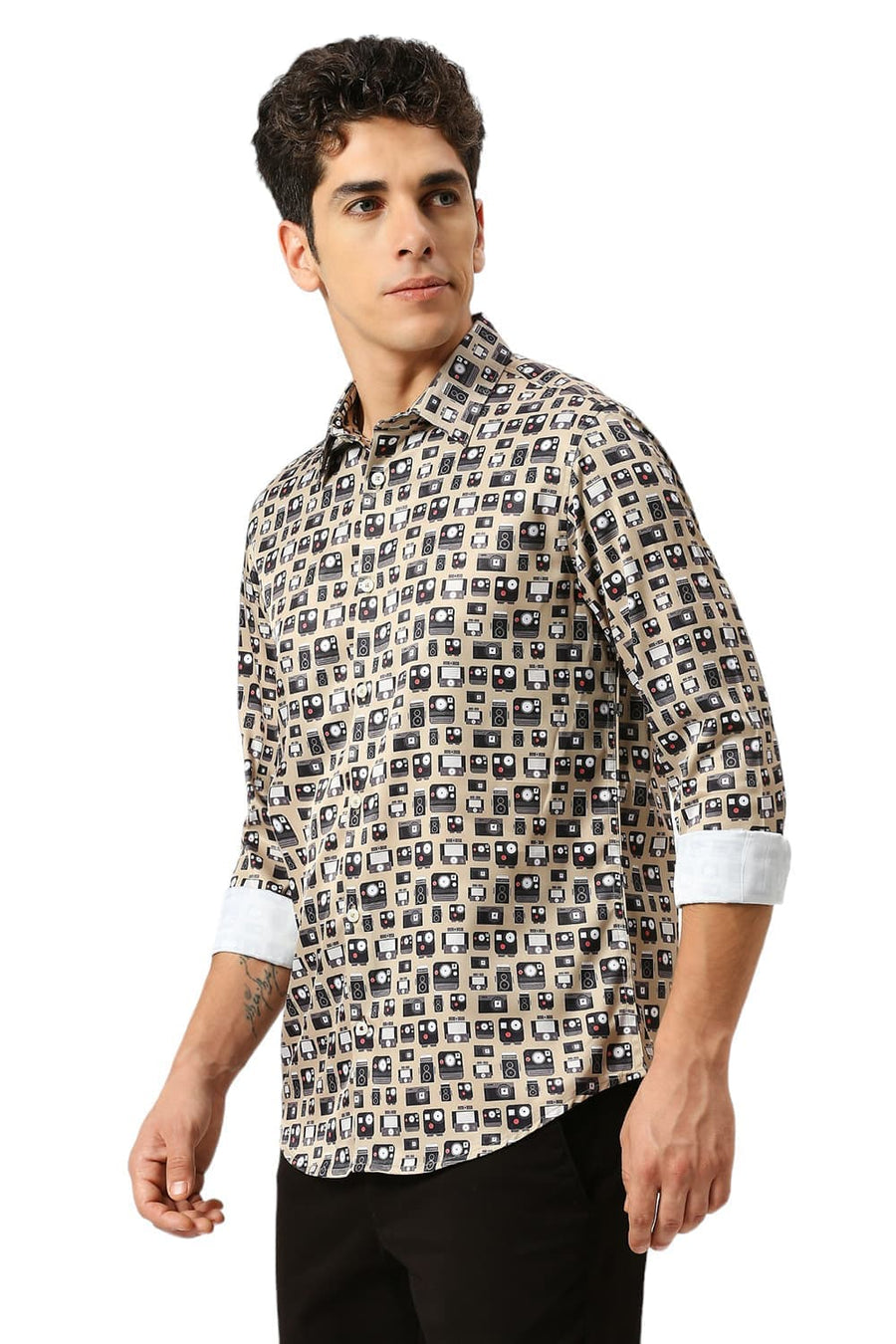 BASICS SLIM FIT MOONSTONE KHAKI POLYESTER STRETCH TWILL PRINTED SHIRT