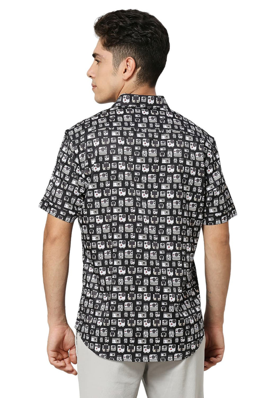 BASICS SLIM FIT PHANTOM BLACK POLYESTER STRETCH TWILL PRINTED HALFSLEEVES SHIRT