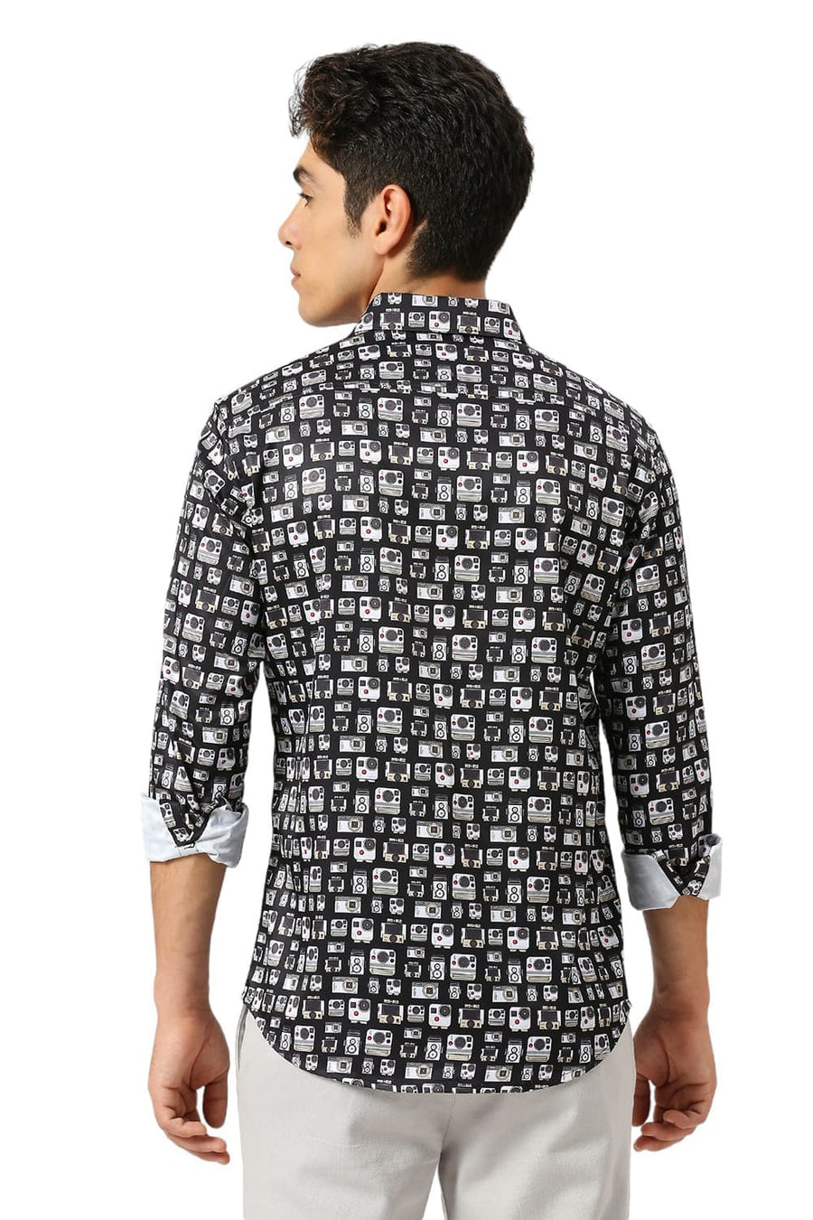 BASICS SLIM FIT PHANTOM BLACK POLYESTER STRETCH TWILL PRINTED SHIRT